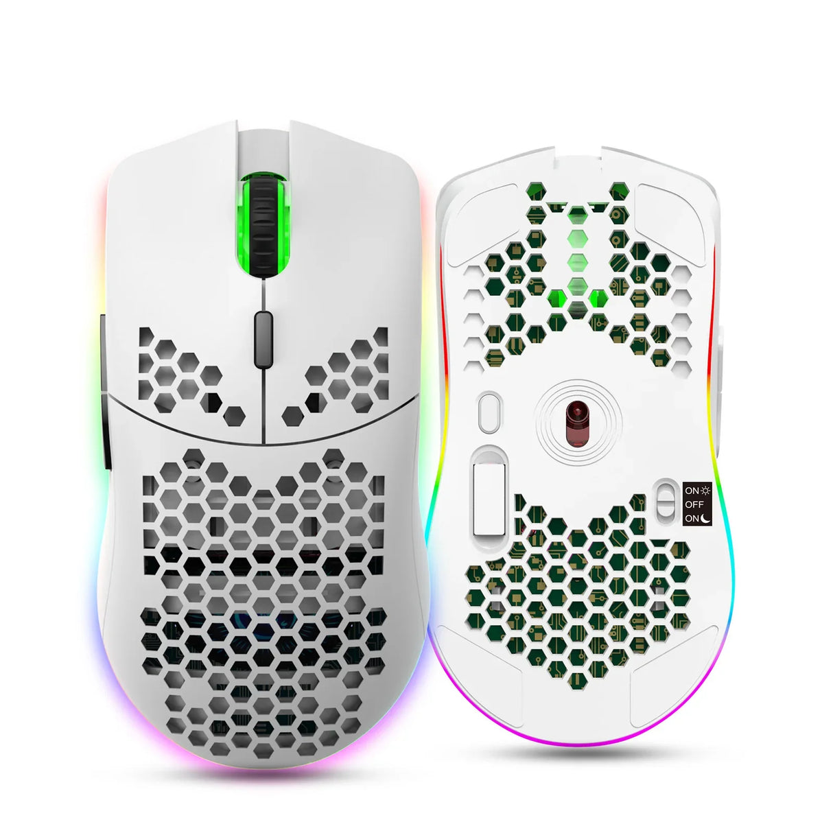 Two lightweight gaming computer mice with honeycomb-patterned shells and RGB lighting.