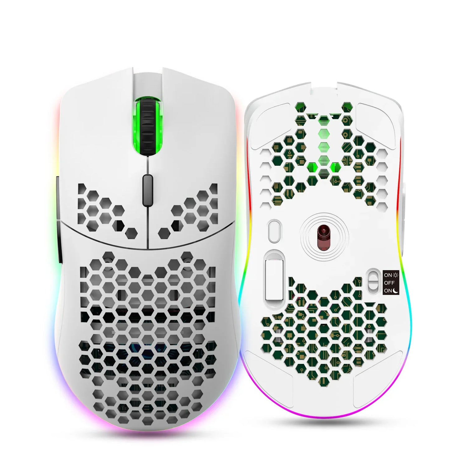 Two lightweight gaming computer mice with honeycomb-patterned shells and RGB lighting.