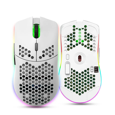 Two lightweight gaming computer mice with honeycomb-patterned shells and RGB lighting.