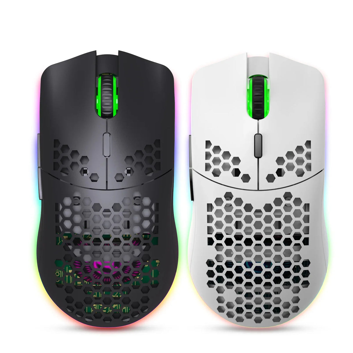 Two lightweight gaming mice with honeycomb designs and RGB lighting, one black and one white.