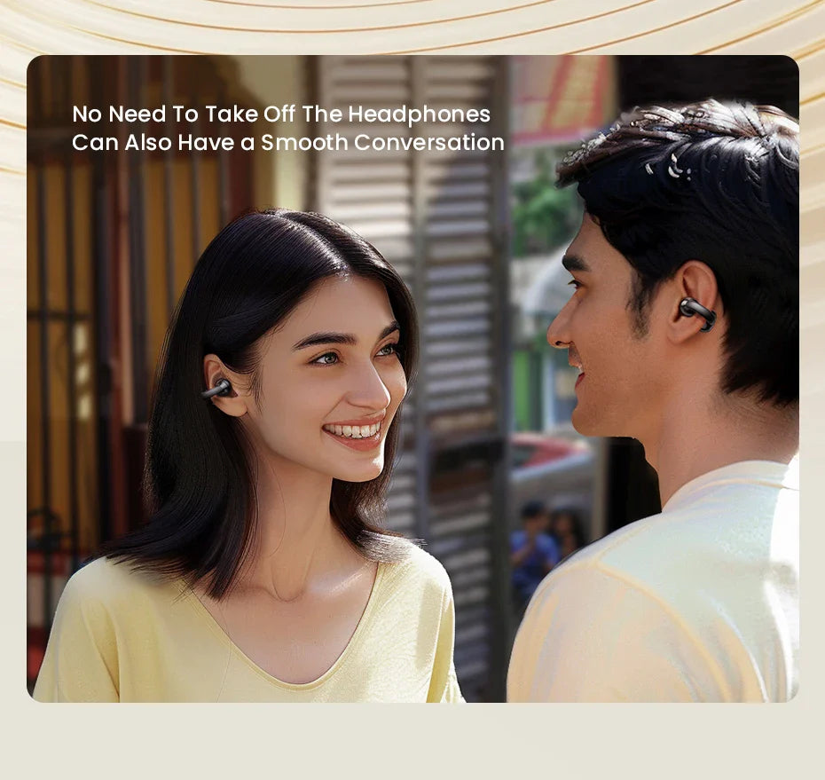 Two people wearing wireless earbuds.