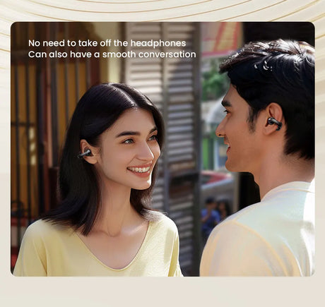 Two people wearing wireless earbuds.