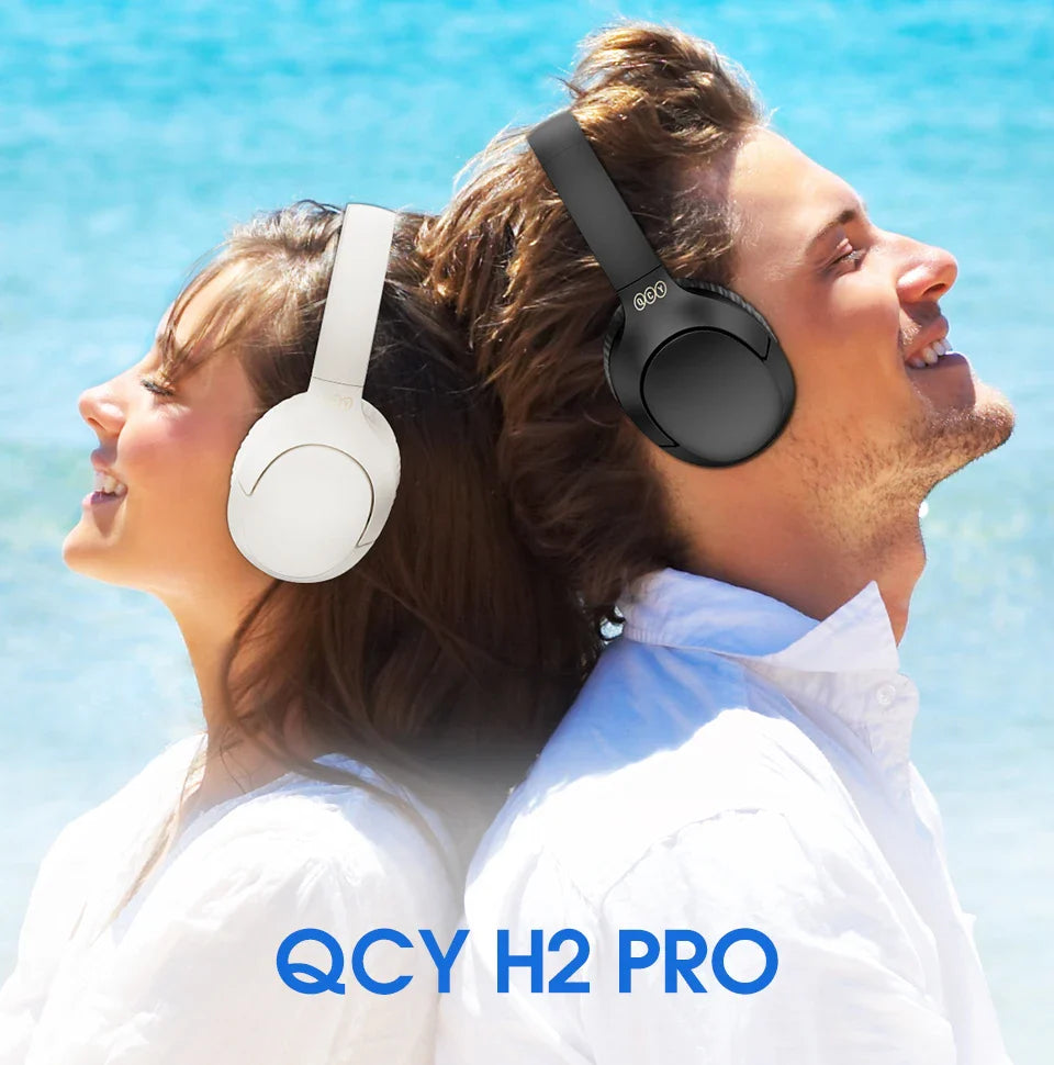 Two people wearing wireless headphones.