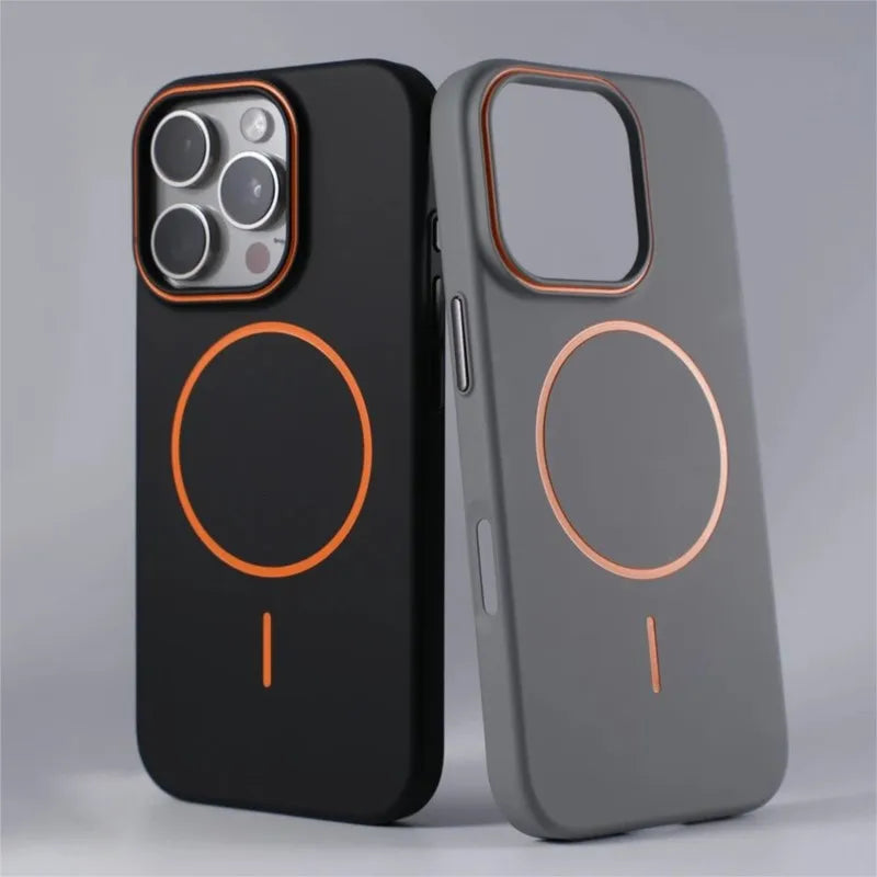 Two phone cases with orange accents.