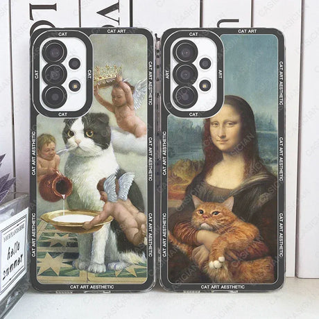 There are two phone cases with a picture of a cat and a cat