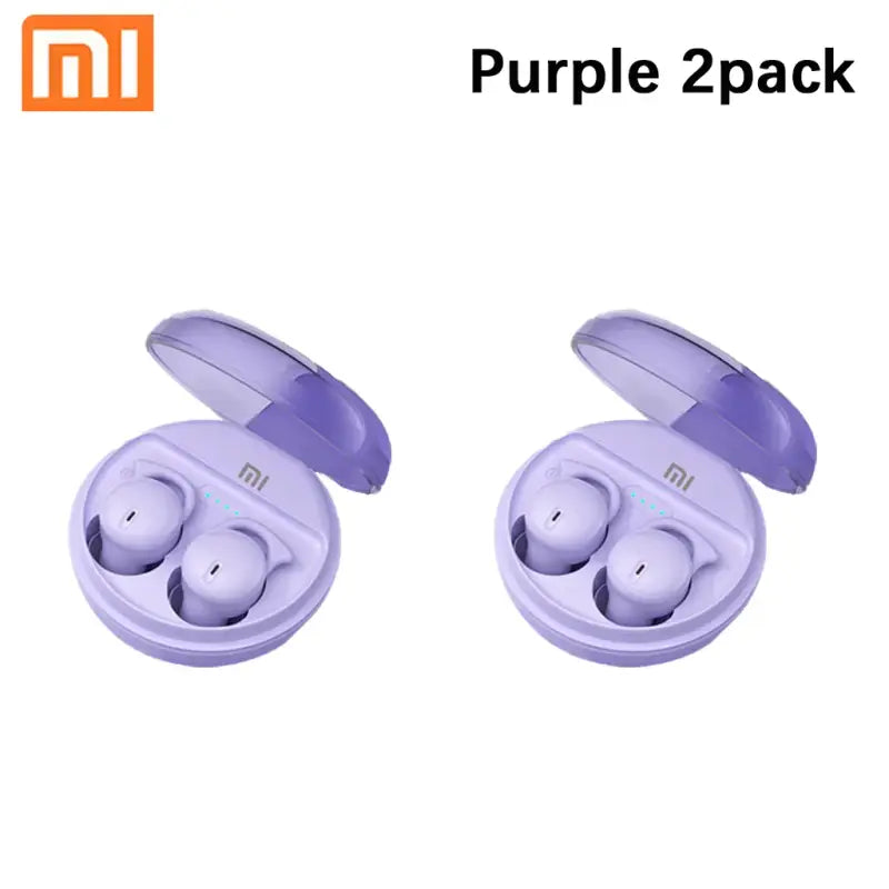 Two purple earphones in a case with a white background