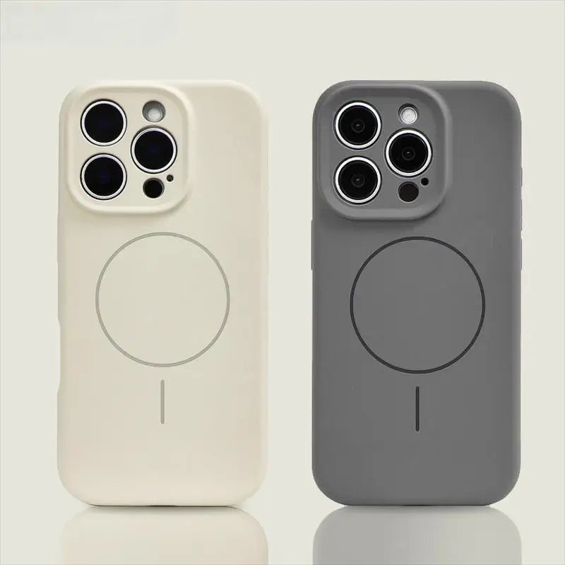 Two silicone phone cases with MagSafe, one in off-white and one in dark grey.