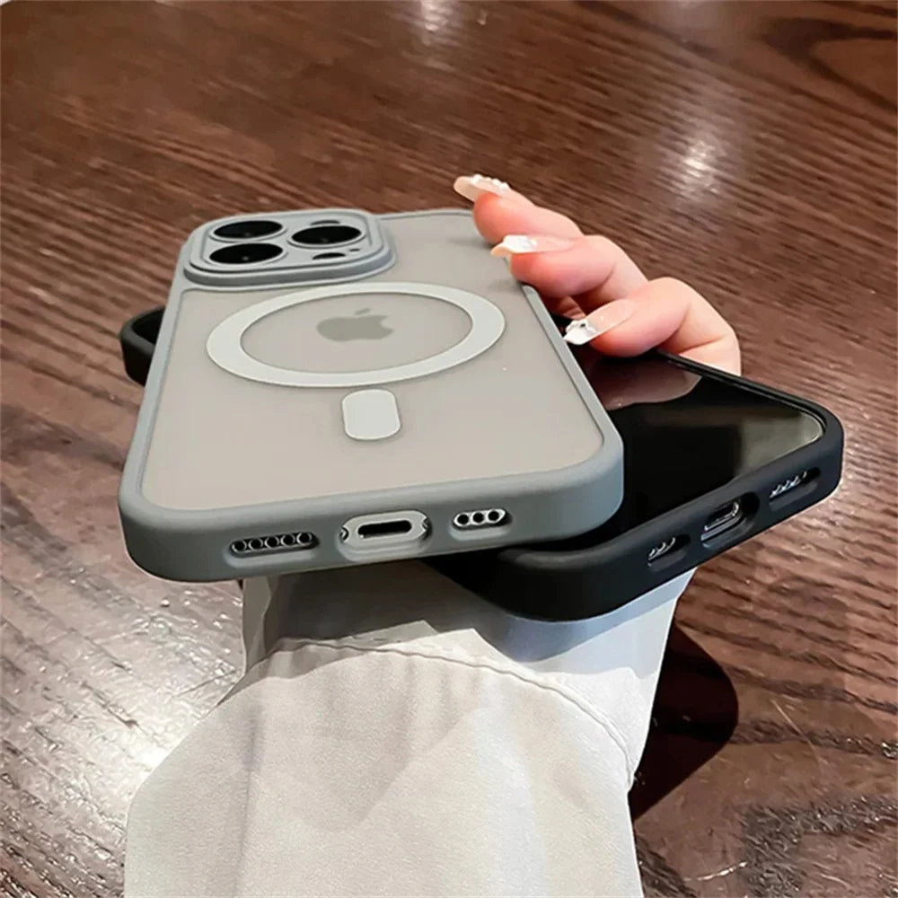 Two smartphones with protective cases.