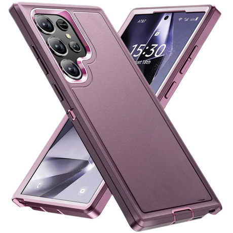 Two smartphones in protective cases.