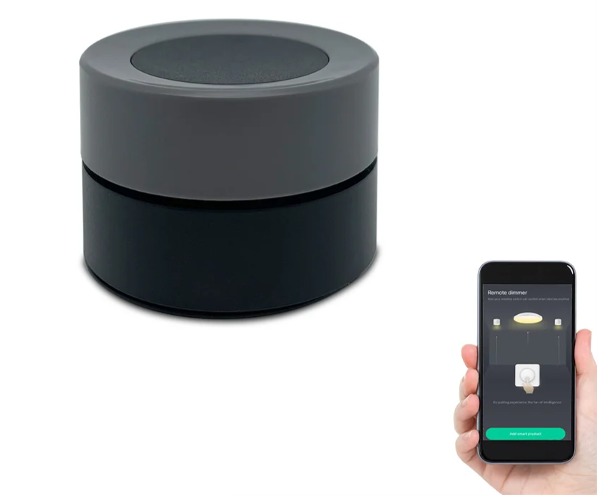 Two-tone cylindrical smart home device.