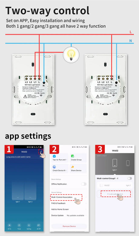 Two-way light switch wiring diagram and app settings.
