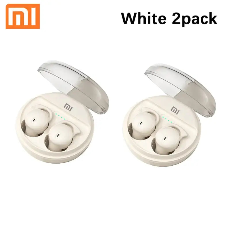 Two white earphones with a white cover and a white case
