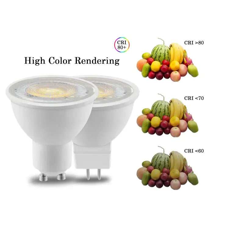 Two white light bulbs with different fruits on them