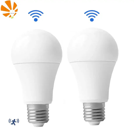 two white light bulbs with wifi on them and a person running