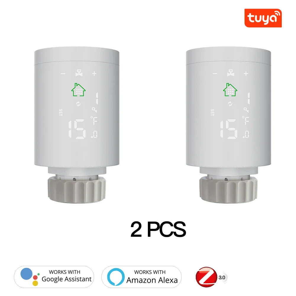 Two white smart radiator thermostats.