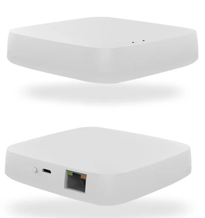 Two white, square, rounded-edge electronic devices.