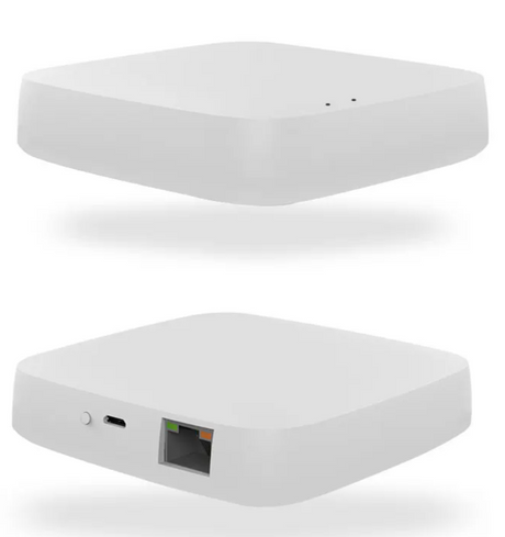 Two white, square, rounded-edge electronic devices.