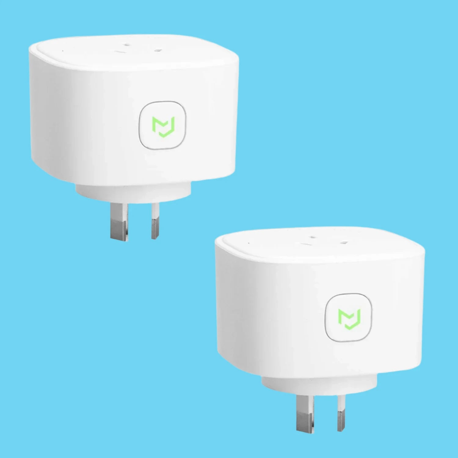 two white usbs with a green button on them