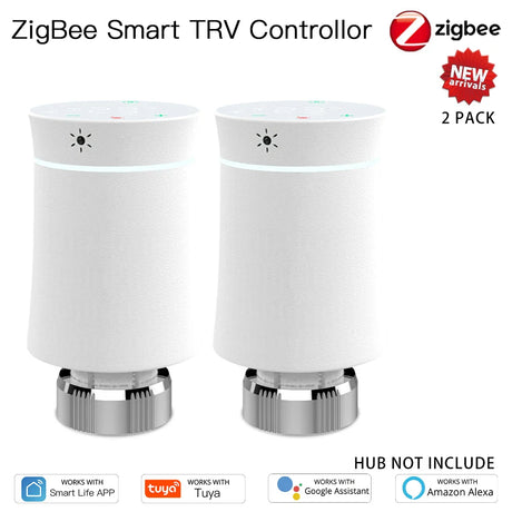 Two white Zigbee smart TRV controllers.
