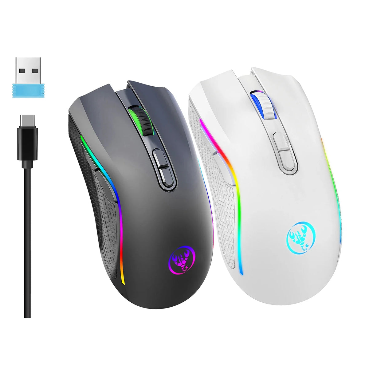 Two wireless gaming mice with RGB lighting, one black and one white, alongside a USB dongle and charging cable.