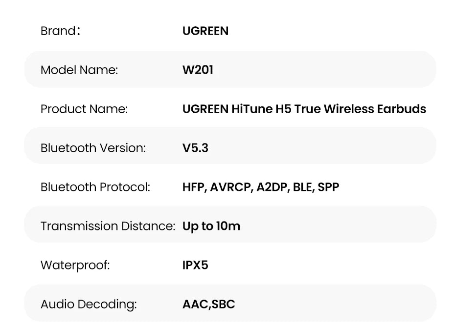 UGREEN HiTune H5 True Wireless Earbuds specifications.