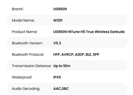UGREEN HiTune H5 True Wireless Earbuds specifications.