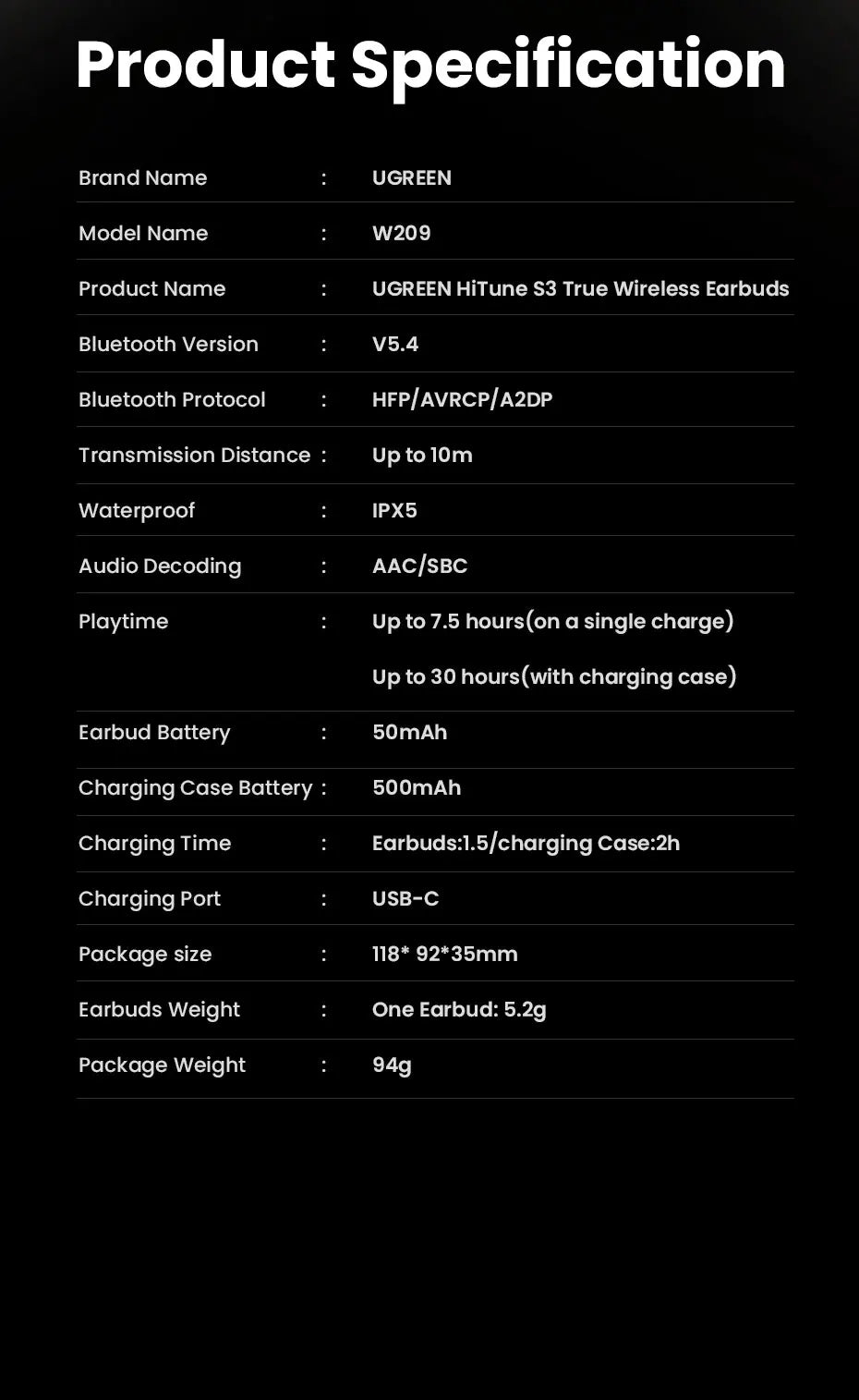 UGREEN HITune S3 True Wireless Earbuds specifications.