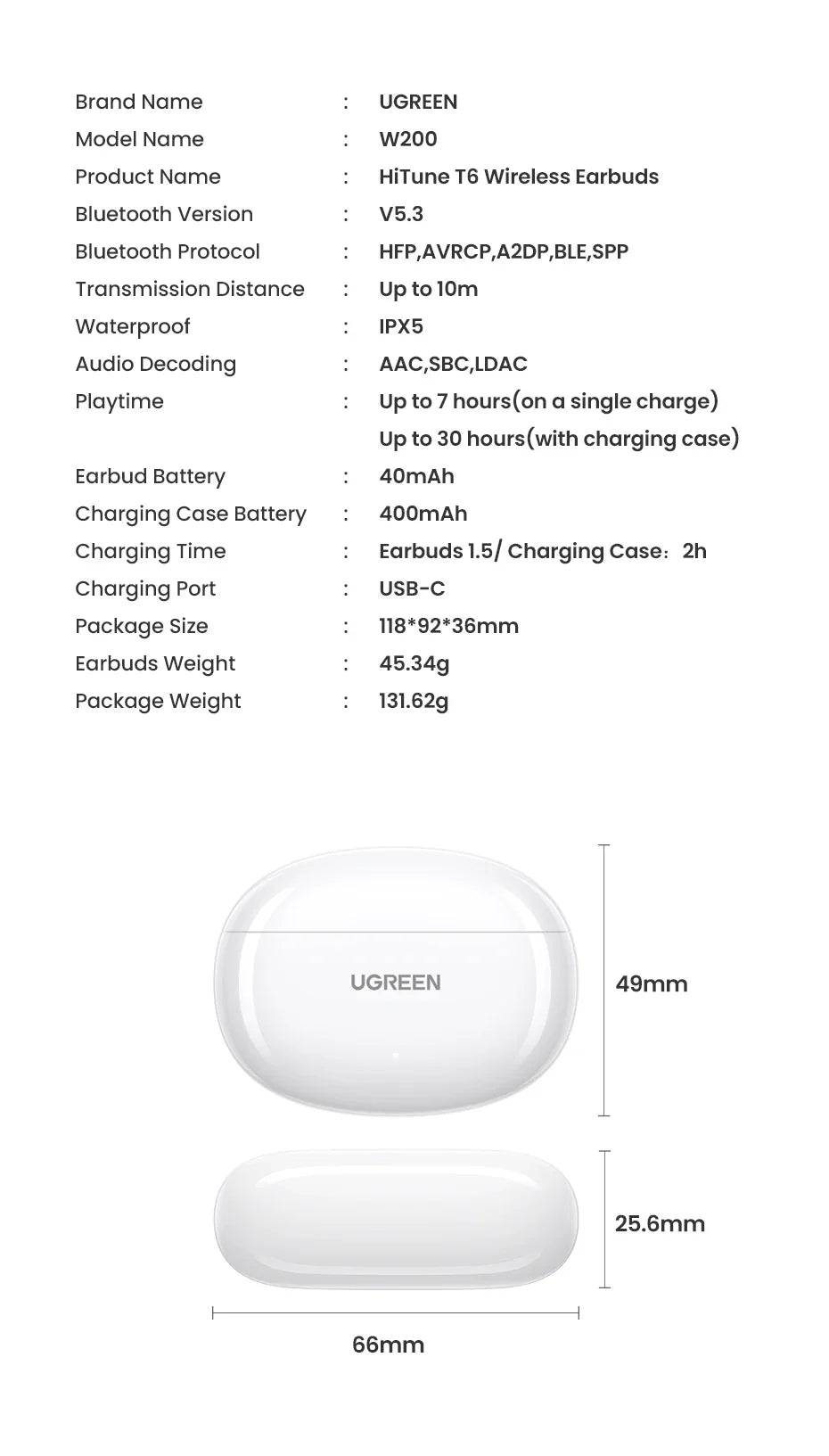 UGREEN HiTune T6 wireless earbuds specifications and dimensions.