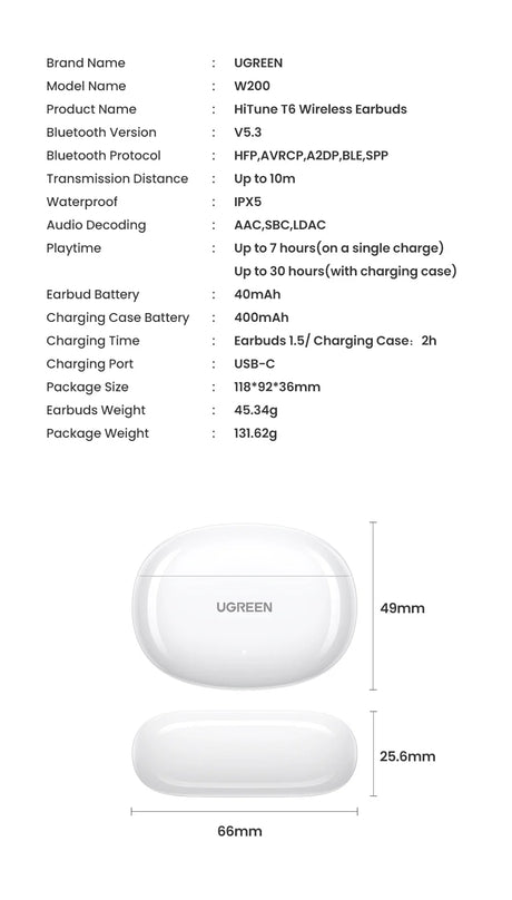 UGREEN wireless earbuds specifications and dimensions.