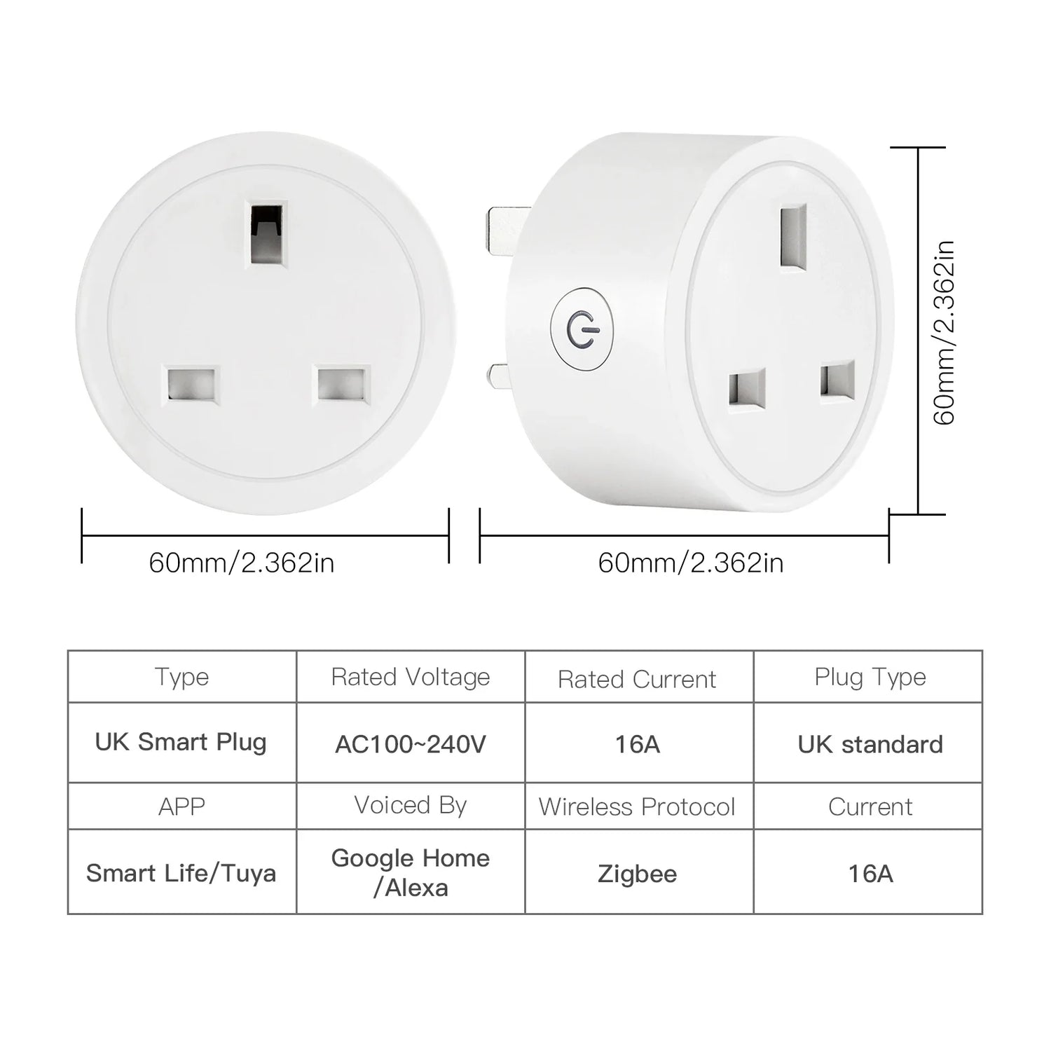 UK smart plug with dimensions and specifications.