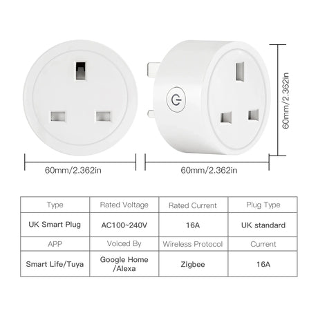UK smart plug with dimensions and specifications.