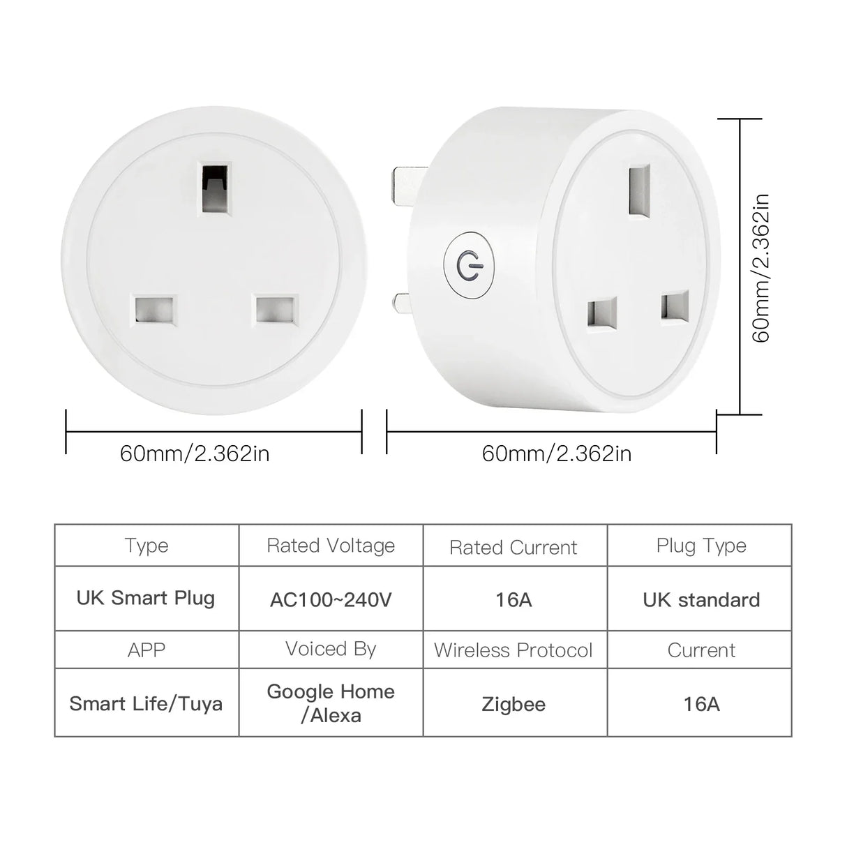 UK smart plug with dimensions and specifications.