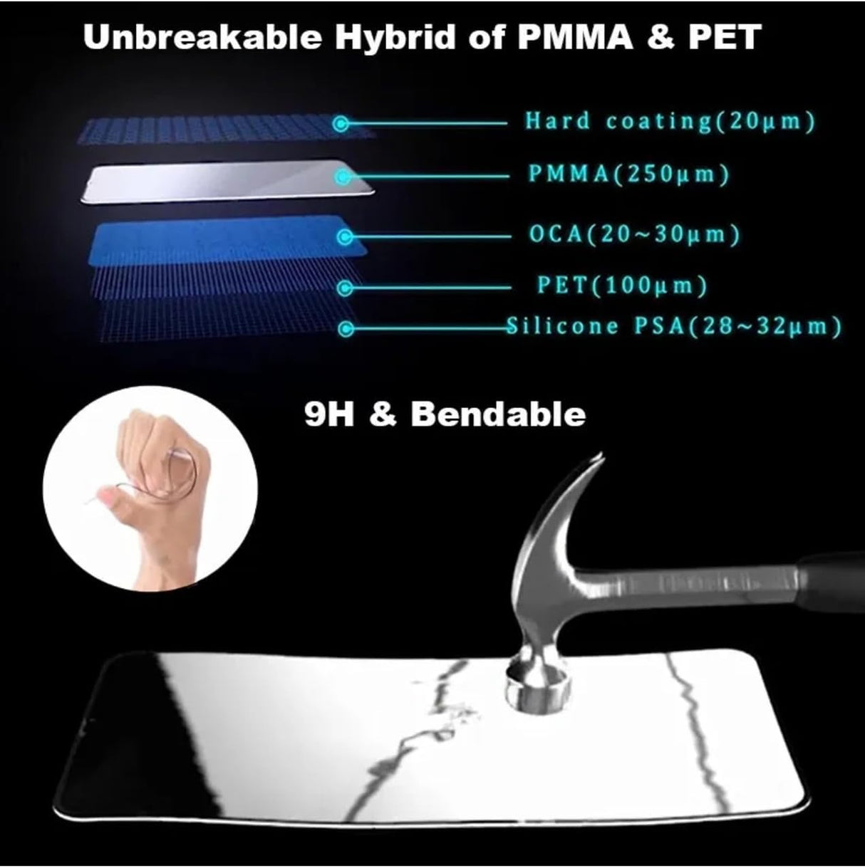 Unbreakable, bendable, hybrid screen protector.