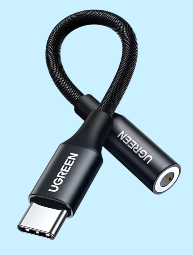 USB-C to 3.5mm audio adapter cable with braided cord.