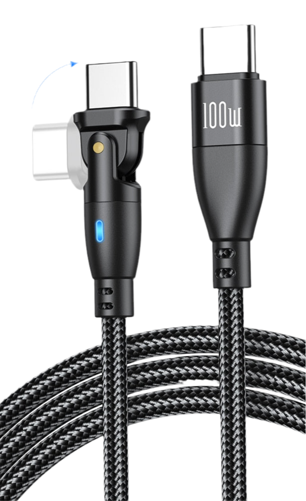 USB-C charging cable with angled connector and braided cord.