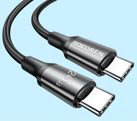 USB-C cable with braided black cord and metal connectors labeled ’Roforen’ and ’24W’.