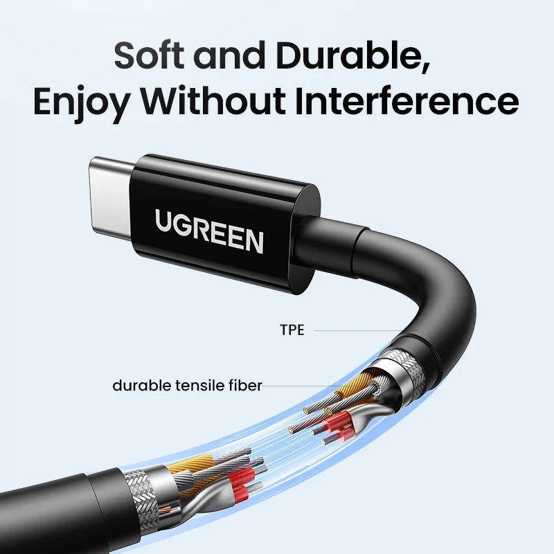 USB-C cable with a reinforced connector and durable internal fibers.