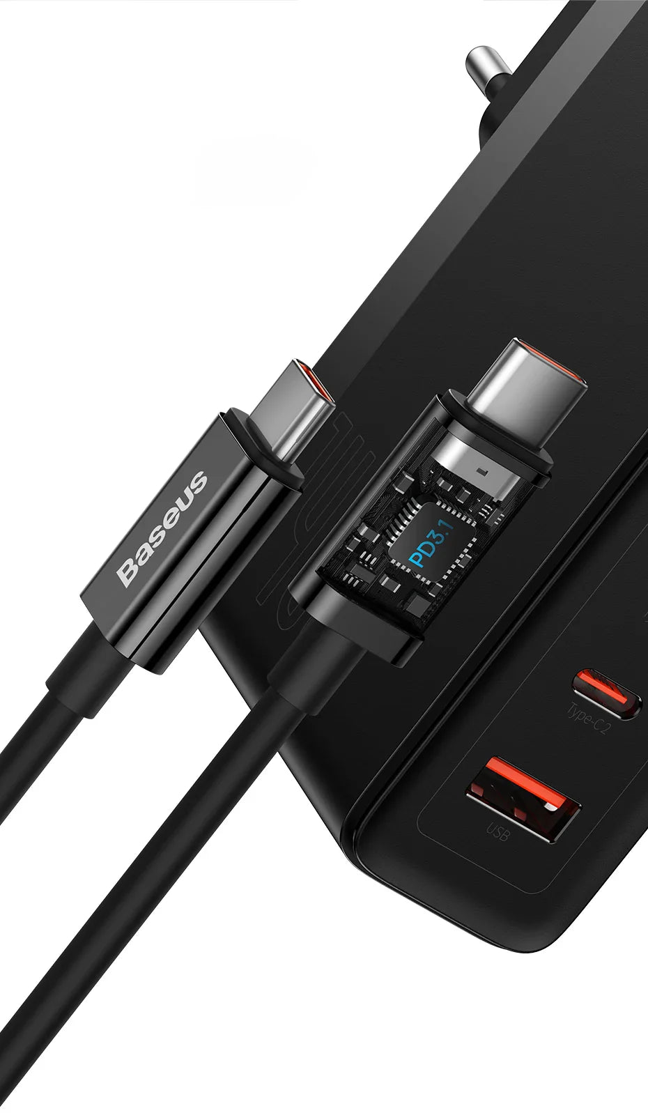 USB-C cable with a visible chip or circuit board inside one of the connectors.