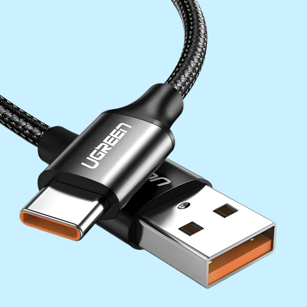 USB-C to USB-A charging cable with braided cord and metal connectors.