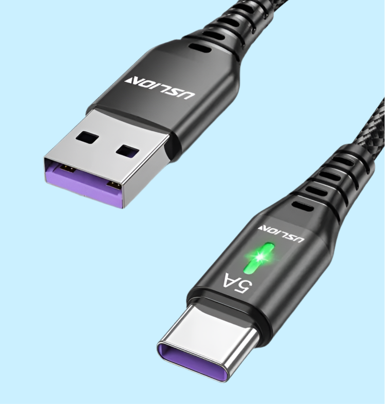 USB-C to USB-A charging cable with LED indicator.