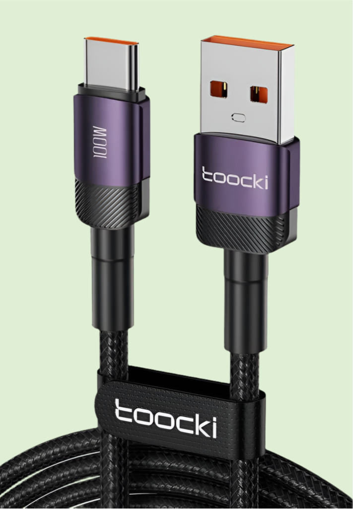USB cable with purple and black connectors labeled ’toocki’.