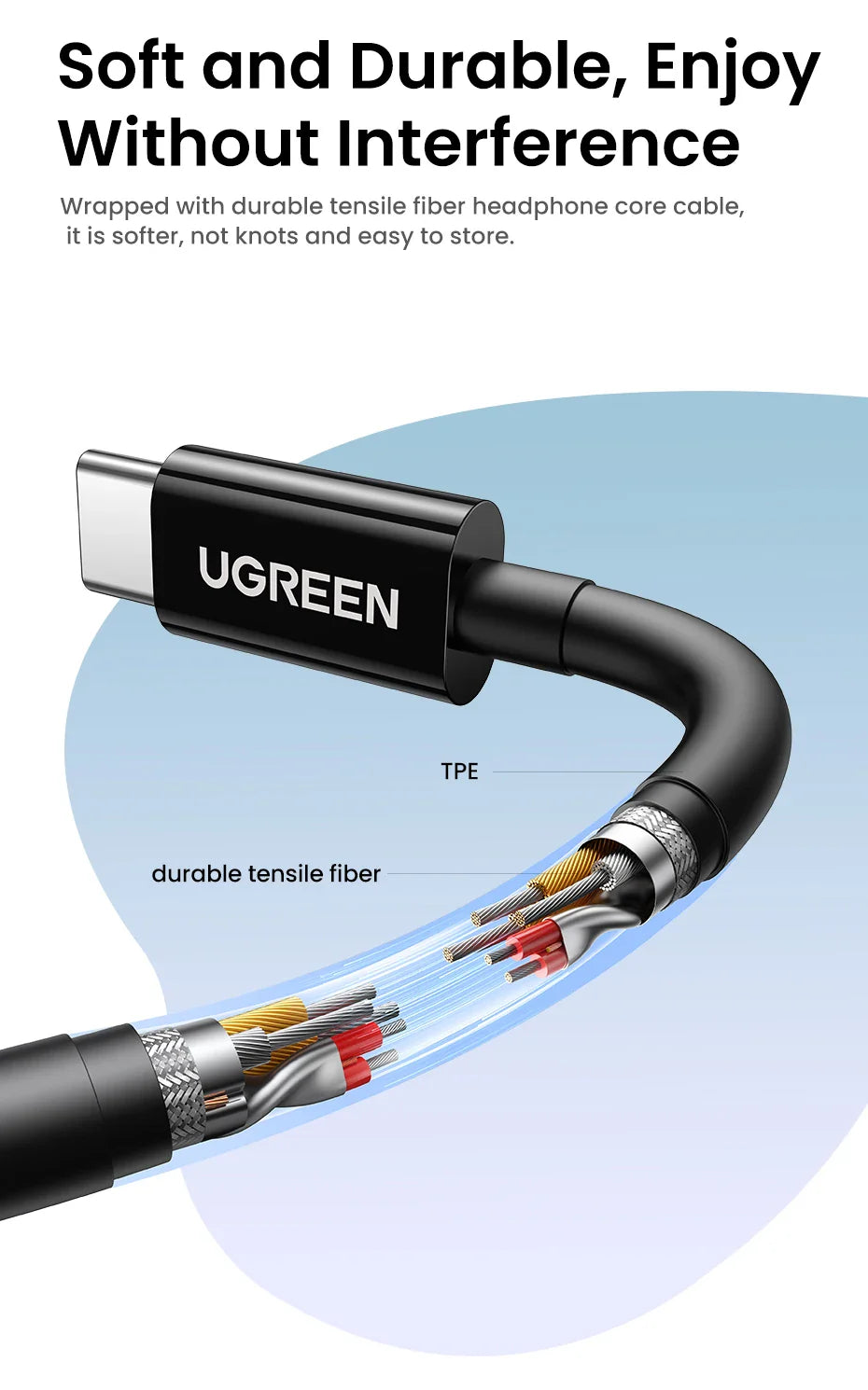 USB cable with a reinforced connector and visible internal wiring.