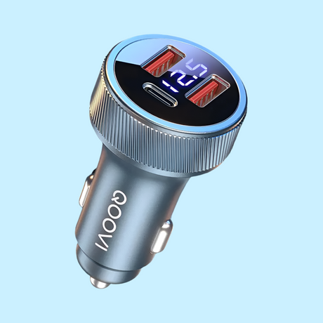 USB car charger with a digital voltage display and dual ports.