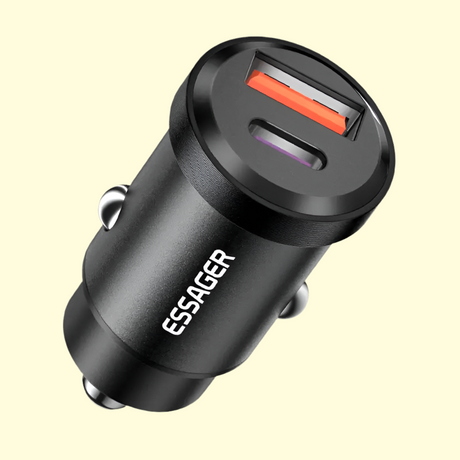 USB car charger with two ports, branded as Essager.