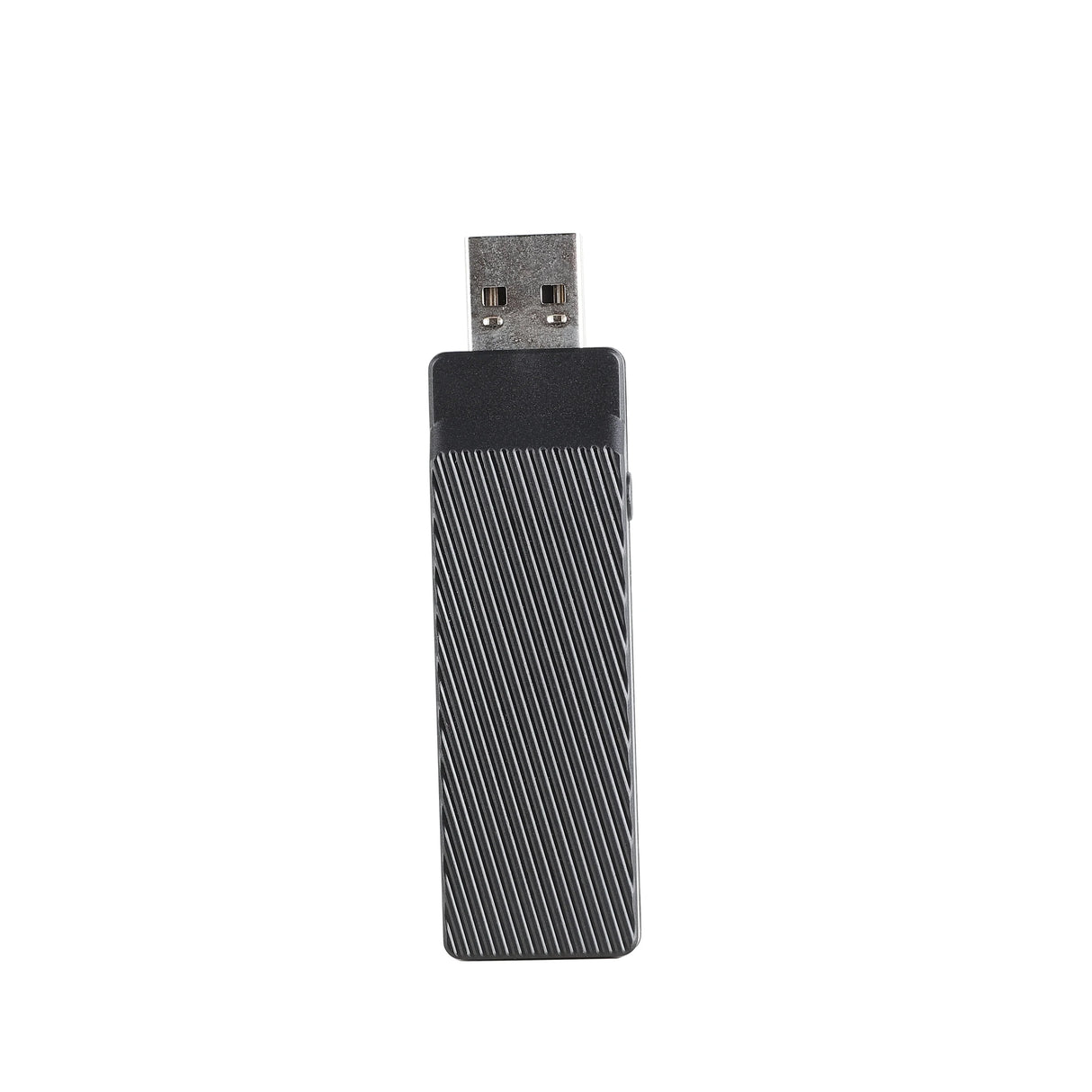 USB flash drive with a textured diagonal stripe pattern on its black casing.