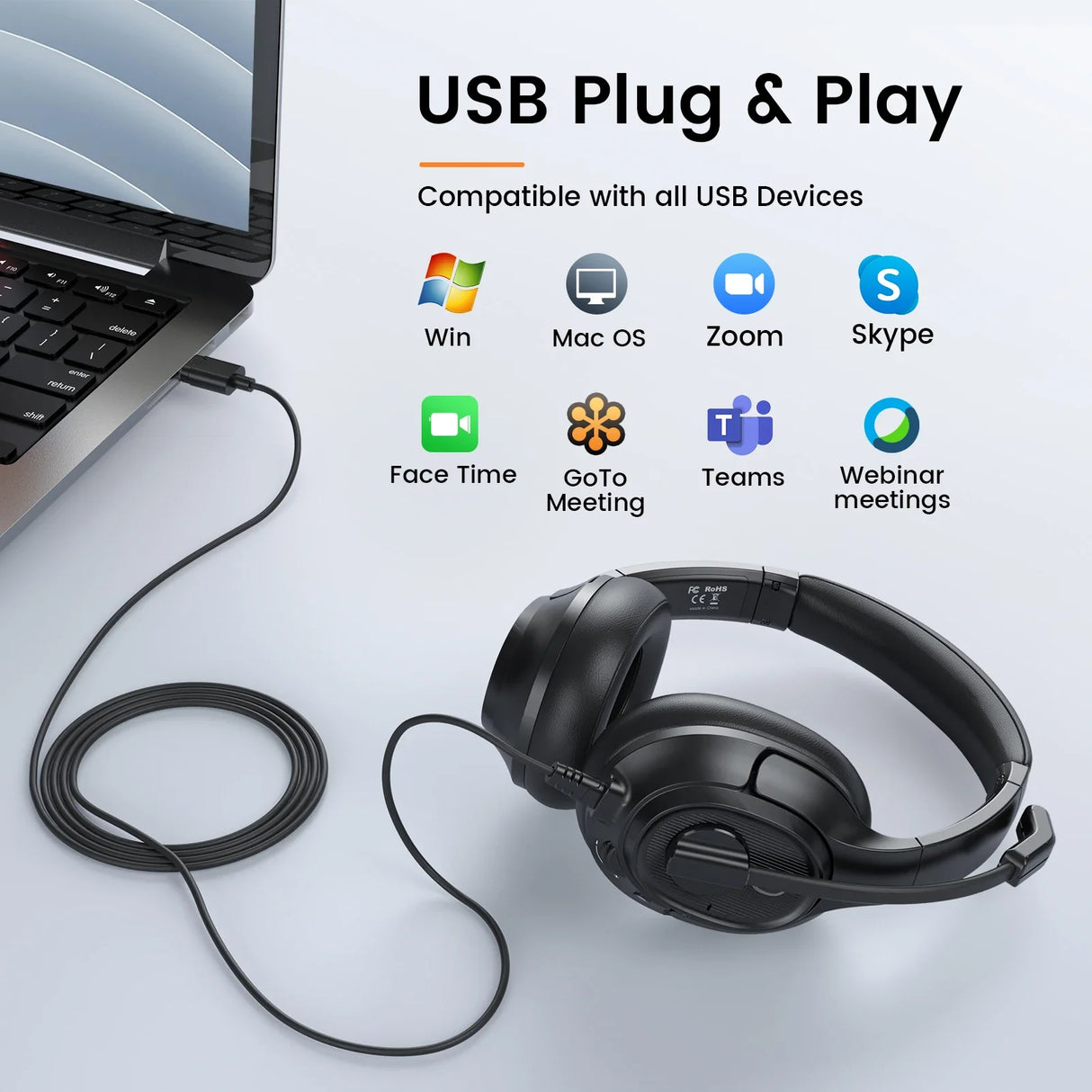 USB headset with an attached microphone and cord.