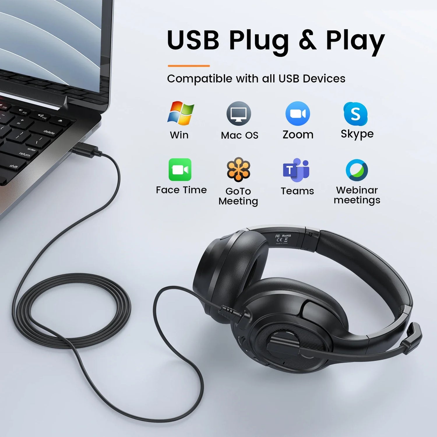 USB headset with an attached microphone and cord.