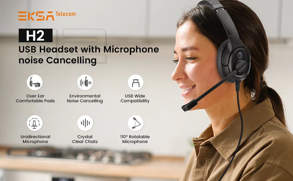 USB headset with microphone and noise-cancelling features.