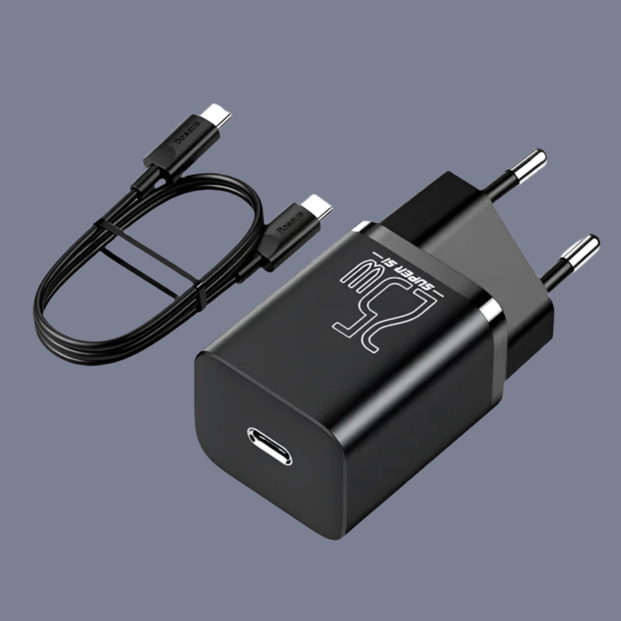 USB wall charger with attached charging cable.