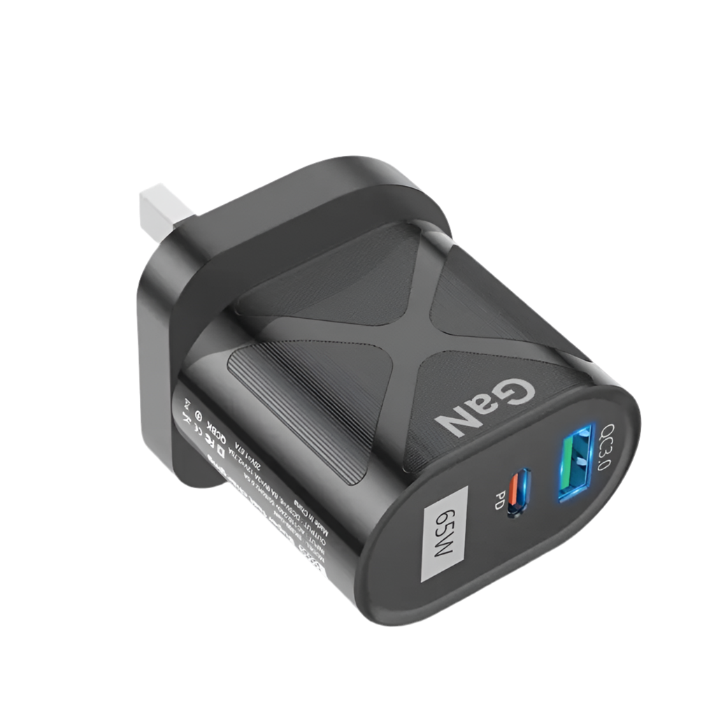 USB wall charger with multiple ports and fast charging capability.